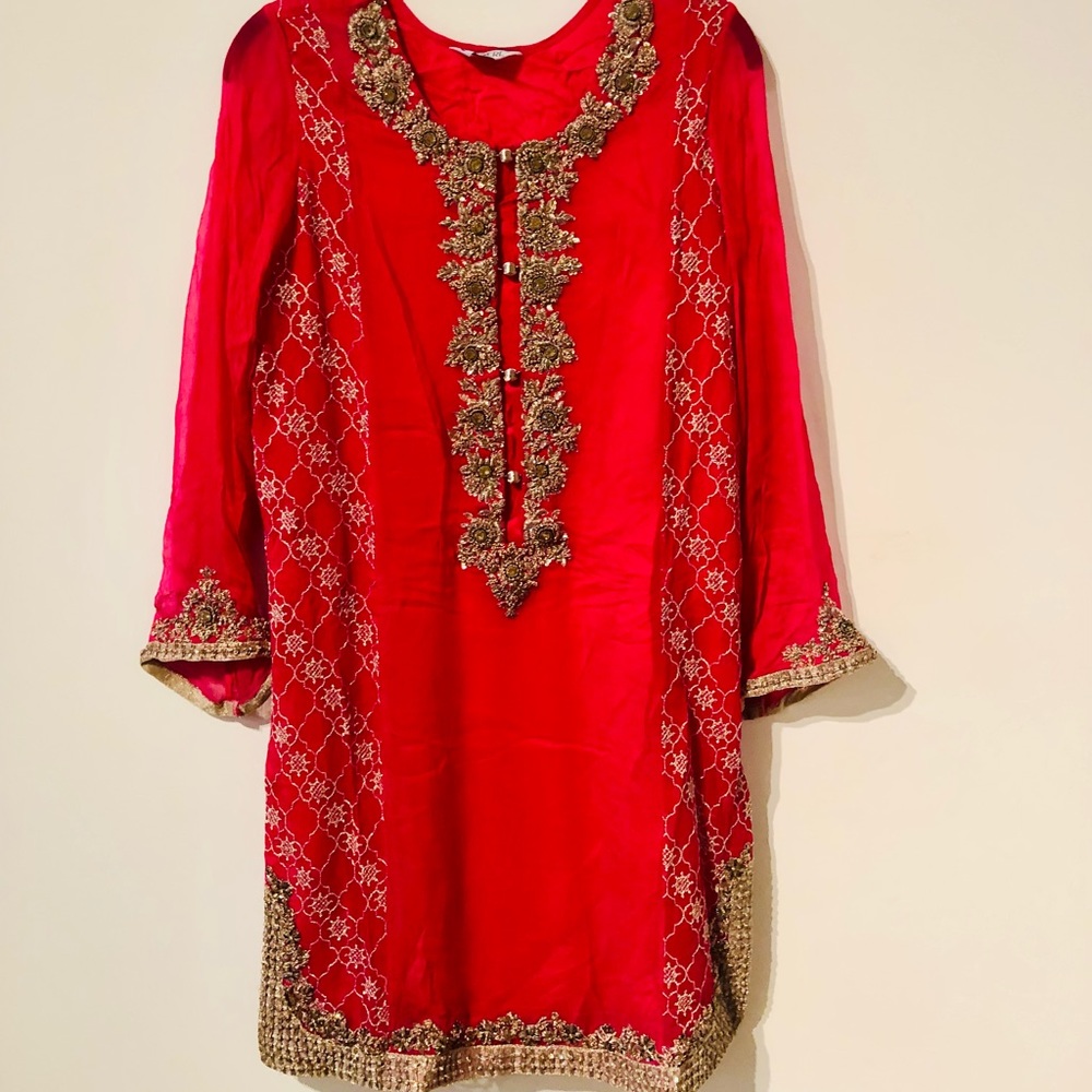 Pink Embellished Saree Tunic with Pants and Scarf